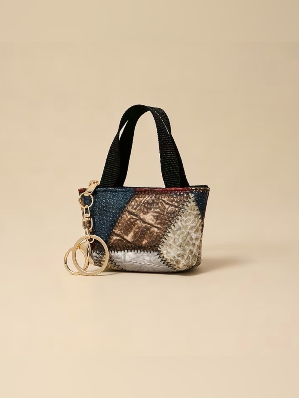 Patchwork Mini Tote Keychain Bag Charm in Blue, Brown & Cream NIP
